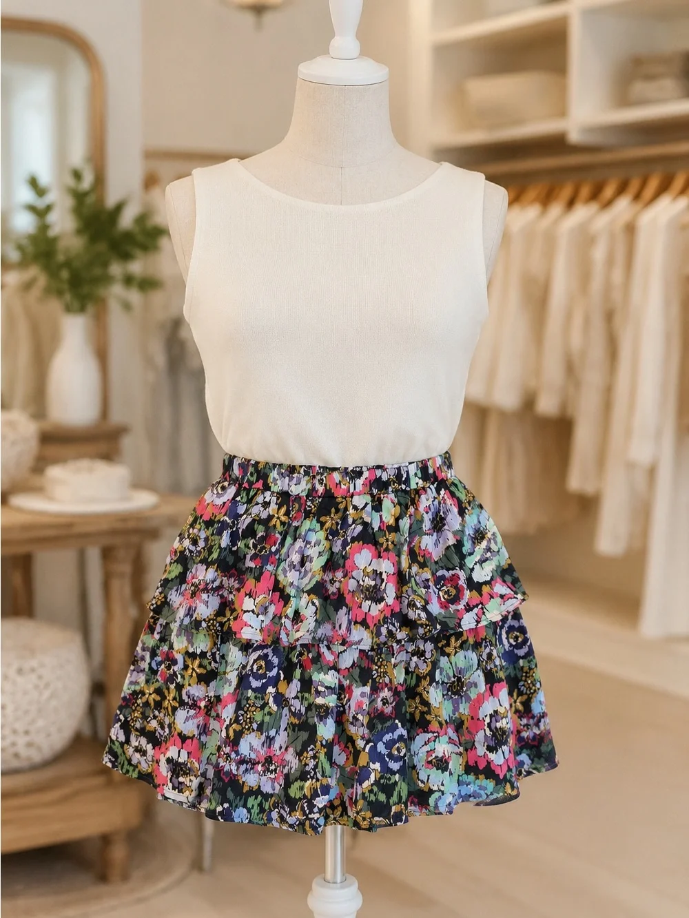 Meet me in Santorini Floral Tiered Mini Skirt in blue pink NWT